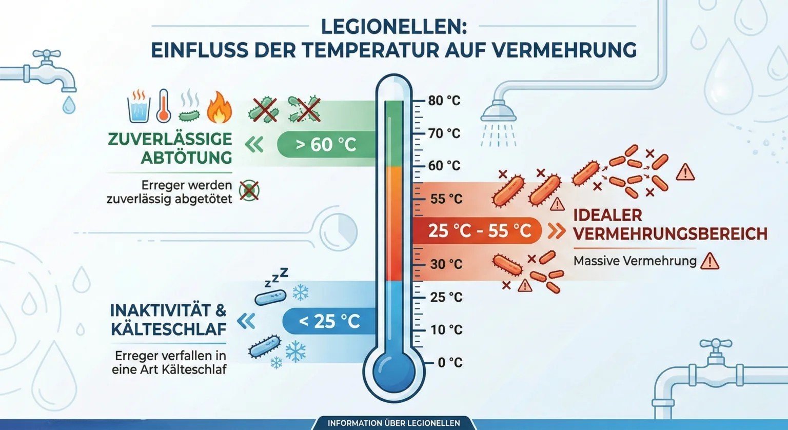 Das Bild stellet Grafisch dar in welchen Temperaturen sich Legionellen am wohlsten fühlen.